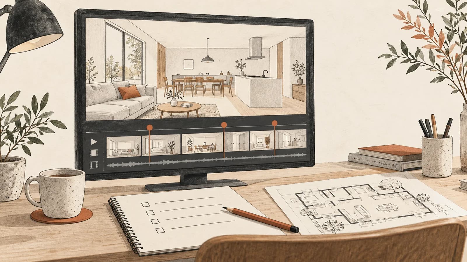 住宅動画の確認画面とチェック用のノートを描いたイラスト。架空の住宅を使用。